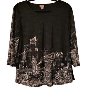 Chico's Easywear Blouse Women’s Size 16 Black White City Romance 3/4 Sleeve